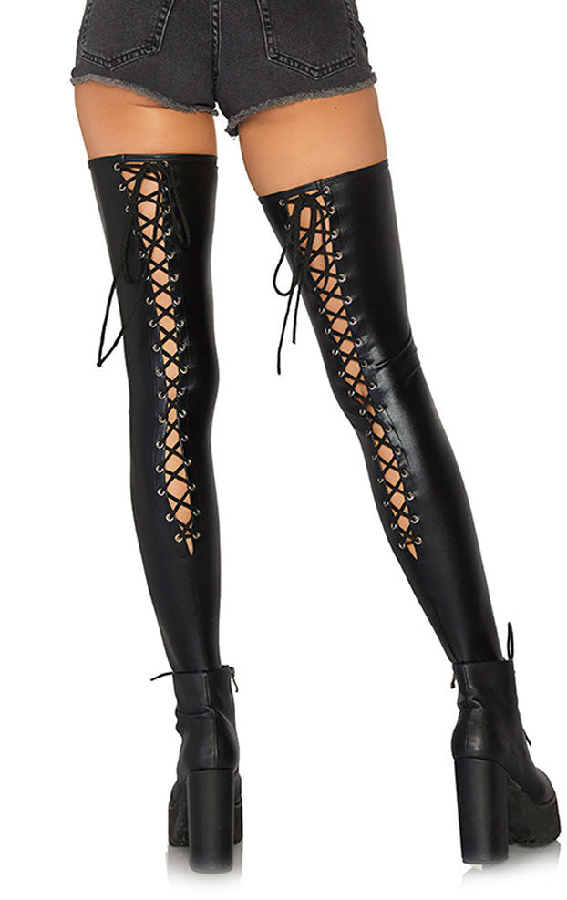 LEG AVENUE | Wetlook Lace-Up Benvarmere – svart og glinsende