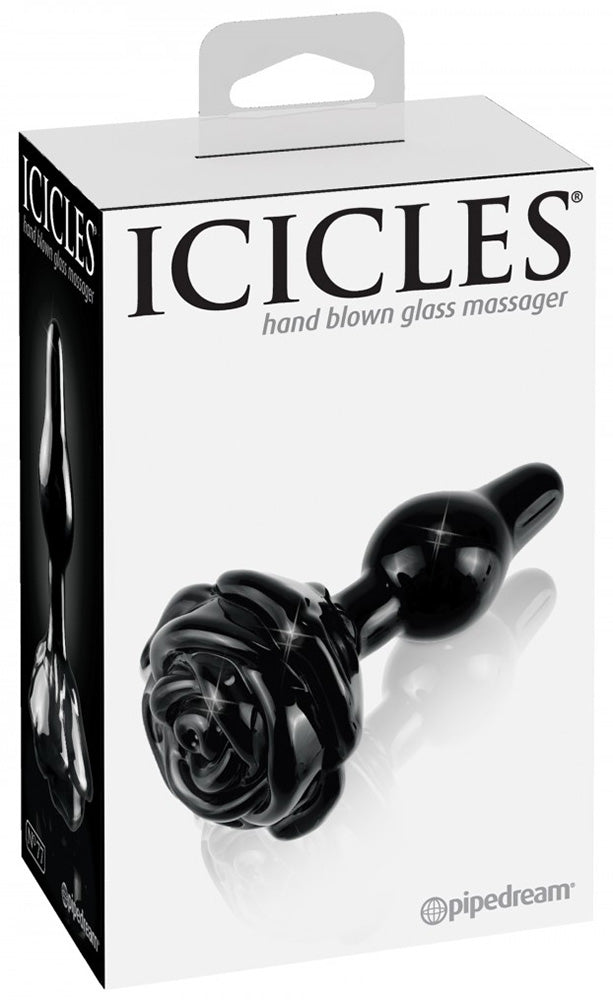 ICICLES | No. 77 Buttplug, håndlaget svart glassplugg med rose